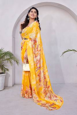 Mustard chiffon floral print saree with unstitched blouse piece 2