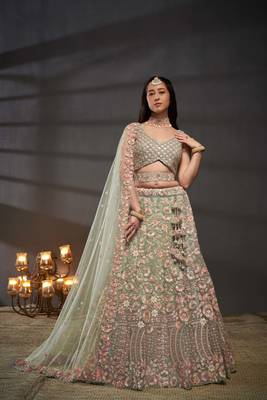 Sea green Net Multi Sequins with heavy Zarkan embroidery Semi-Stitched Lehenga choli & Dupatta 2