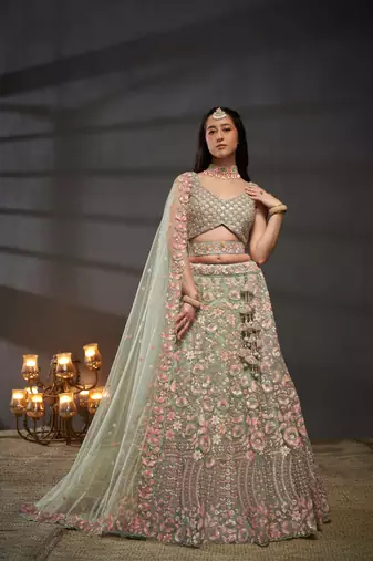Sea green Net Multi Sequins with heavy Zarkan embroidery Semi-Stitched Lehenga choli & Dupatta