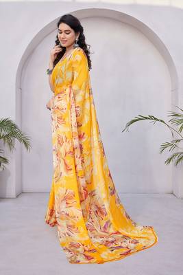 Mustard chiffon floral print saree with unstitched blouse piece 3