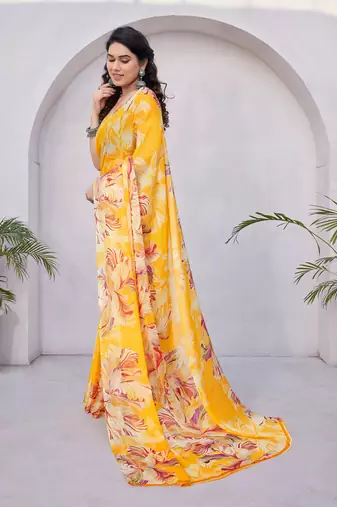 Mustard chiffon floral print saree with unstitched blouse piece