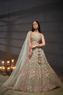 Sea green Net Multi Sequins with heavy Zarkan embroidery Semi-Stitched Lehenga choli & Dupatta 3