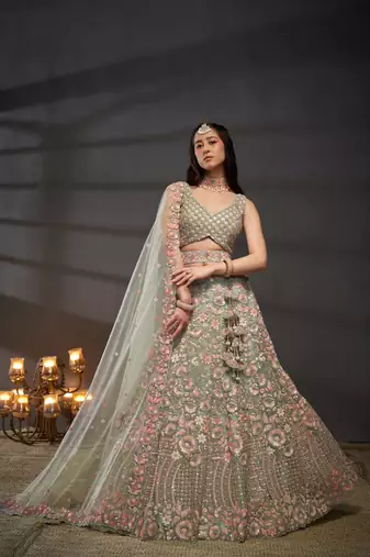 Sea green Net Multi Sequins with heavy Zarkan embroidery Semi-Stitched Lehenga choli & Dupatta