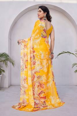 Mustard chiffon floral print saree with unstitched blouse piece 4