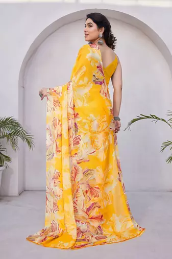 Mustard chiffon floral print saree with unstitched blouse piece