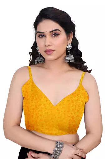 Mustard chiffon floral print saree with unstitched blouse piece