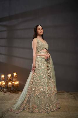 Sea green Net Multi Sequins with heavy Zarkan embroidery Semi-Stitched Lehenga choli & Dupatta 1