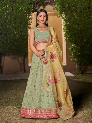 PISTA YELLOW SEQUINS THREAD & ZARI EMBROIDERED GEORGETTE DESIGNER WEDDING & PARTY WEAR FESTIVAL SEMI STITCHED LEHENGA 1