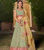 PISTA YELLOW SEQUINS THREAD & ZARI EMBROIDERED GEORGETTE DESIGNER WEDDING & PARTY WEAR FESTIVAL SEMI STITCHED LEHENGA