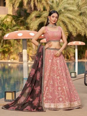 PINK BROWN SEQUINS THREAD & ZARI EMBROIDERED GEORGETTE DESIGNER WEDDING & PARTY WEAR FESTIVAL SEMI STITCHED LEHENGA 1