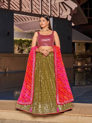 OLIVE PINK SEQUINS THREAD & ZARI EMBROIDERED GEORGETTE DESIGNER WEDDING & PARTY WEAR FESTIVAL SEMI STITCHED LEHENGA 1