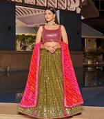 OLIVE PINK SEQUINS THREAD & ZARI EMBROIDERED GEORGETTE DESIGNER WEDDING & PARTY WEAR FESTIVAL SEMI STITCHED LEHENGA