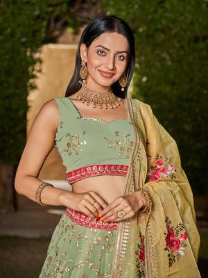 PISTA YELLOW SEQUINS THREAD & ZARI EMBROIDERED GEORGETTE DESIGNER WEDDING & PARTY WEAR FESTIVAL SEMI STITCHED LEHENGA 3