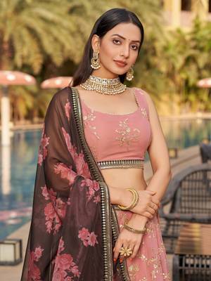 PINK BROWN SEQUINS THREAD & ZARI EMBROIDERED GEORGETTE DESIGNER WEDDING & PARTY WEAR FESTIVAL SEMI STITCHED LEHENGA 3