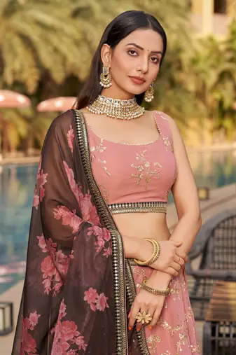 PINK BROWN SEQUINS THREAD & ZARI EMBROIDERED GEORGETTE DESIGNER WEDDING & PARTY WEAR FESTIVAL SEMI STITCHED LEHENGA