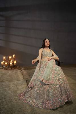 Sea green Net Multi Sequins with heavy Zarkan embroidery Semi-Stitched Lehenga choli & Dupatta 4