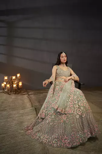 Sea green Net Multi Sequins with heavy Zarkan embroidery Semi-Stitched Lehenga choli & Dupatta
