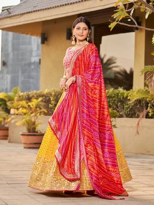 YELLOW PINK SEQUINS THREAD & ZARI EMBROIDERED GEORGETTE DESIGNER WEDDING & PARTY WEAR FESTIVAL SEMI STITCHED LEHENGA 5