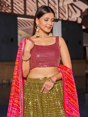 OLIVE PINK SEQUINS THREAD & ZARI EMBROIDERED GEORGETTE DESIGNER WEDDING & PARTY WEAR FESTIVAL SEMI STITCHED LEHENGA 3