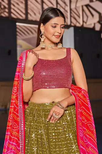 OLIVE PINK SEQUINS THREAD & ZARI EMBROIDERED GEORGETTE DESIGNER WEDDING & PARTY WEAR FESTIVAL SEMI STITCHED LEHENGA