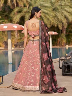 PINK BROWN SEQUINS THREAD & ZARI EMBROIDERED GEORGETTE DESIGNER WEDDING & PARTY WEAR FESTIVAL SEMI STITCHED LEHENGA 4
