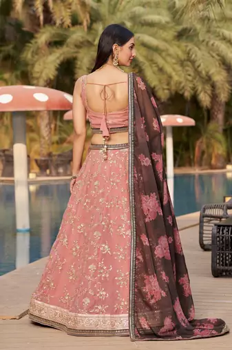 PINK BROWN SEQUINS THREAD & ZARI EMBROIDERED GEORGETTE DESIGNER WEDDING & PARTY WEAR FESTIVAL SEMI STITCHED LEHENGA