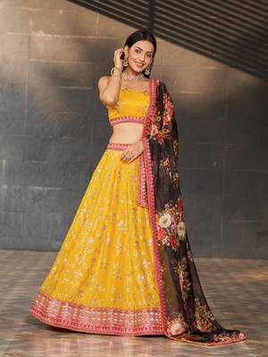 YELLOW BLACK SEQUINS THREAD & ZARI EMBROIDERED GEORGETTE DESIGNER WEDDING & PARTY WEAR FESTIVAL SEMI STITCHED LEHENGA 1