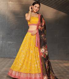 YELLOW BLACK SEQUINS THREAD & ZARI EMBROIDERED GEORGETTE DESIGNER WEDDING & PARTY WEAR FESTIVAL SEMI STITCHED LEHENGA