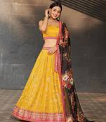YELLOW BLACK SEQUINS THREAD & ZARI EMBROIDERED GEORGETTE DESIGNER WEDDING & PARTY WEAR FESTIVAL SEMI STITCHED LEHENGA
