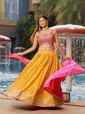 YELLOW PINK SEQUINS THREAD & ZARI EMBROIDERED GEORGETTE DESIGNER WEDDING & PARTY WEAR FESTIVAL SEMI STITCHED LEHENGA 5
