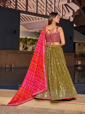 OLIVE PINK SEQUINS THREAD & ZARI EMBROIDERED GEORGETTE DESIGNER WEDDING & PARTY WEAR FESTIVAL SEMI STITCHED LEHENGA 4