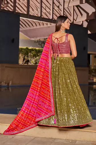 OLIVE PINK SEQUINS THREAD & ZARI EMBROIDERED GEORGETTE DESIGNER WEDDING & PARTY WEAR FESTIVAL SEMI STITCHED LEHENGA