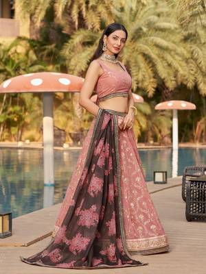 PINK BROWN SEQUINS THREAD & ZARI EMBROIDERED GEORGETTE DESIGNER WEDDING & PARTY WEAR FESTIVAL SEMI STITCHED LEHENGA 5