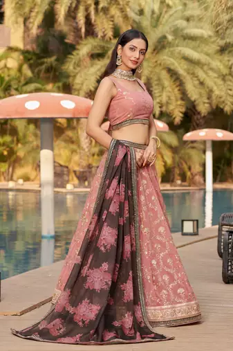 PINK BROWN SEQUINS THREAD & ZARI EMBROIDERED GEORGETTE DESIGNER WEDDING & PARTY WEAR FESTIVAL SEMI STITCHED LEHENGA