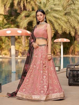 PINK BROWN SEQUINS THREAD & ZARI EMBROIDERED GEORGETTE DESIGNER WEDDING & PARTY WEAR FESTIVAL SEMI STITCHED LEHENGA 6
