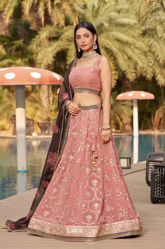 PINK BROWN SEQUINS THREAD & ZARI EMBROIDERED GEORGETTE DESIGNER WEDDING & PARTY WEAR FESTIVAL SEMI STITCHED LEHENGA