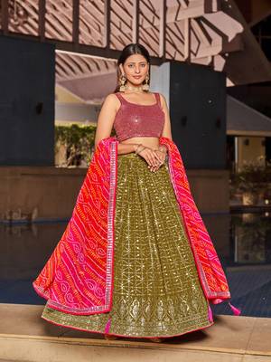 OLIVE PINK SEQUINS THREAD & ZARI EMBROIDERED GEORGETTE DESIGNER WEDDING & PARTY WEAR FESTIVAL SEMI STITCHED LEHENGA 5