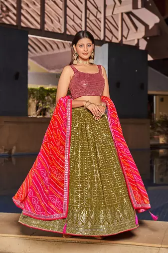 OLIVE PINK SEQUINS THREAD & ZARI EMBROIDERED GEORGETTE DESIGNER WEDDING & PARTY WEAR FESTIVAL SEMI STITCHED LEHENGA