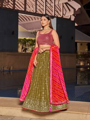 OLIVE PINK SEQUINS THREAD & ZARI EMBROIDERED GEORGETTE DESIGNER WEDDING & PARTY WEAR FESTIVAL SEMI STITCHED LEHENGA 6