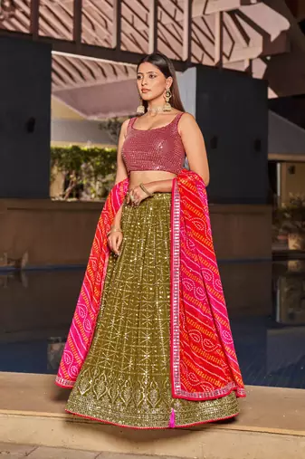 OLIVE PINK SEQUINS THREAD & ZARI EMBROIDERED GEORGETTE DESIGNER WEDDING & PARTY WEAR FESTIVAL SEMI STITCHED LEHENGA