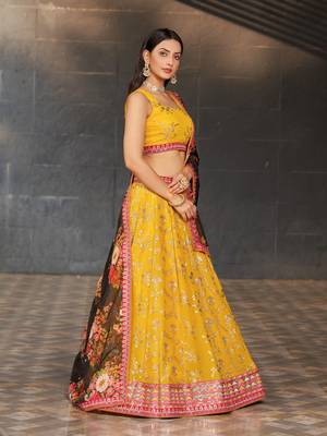 YELLOW BLACK SEQUINS THREAD & ZARI EMBROIDERED GEORGETTE DESIGNER WEDDING & PARTY WEAR FESTIVAL SEMI STITCHED LEHENGA 5