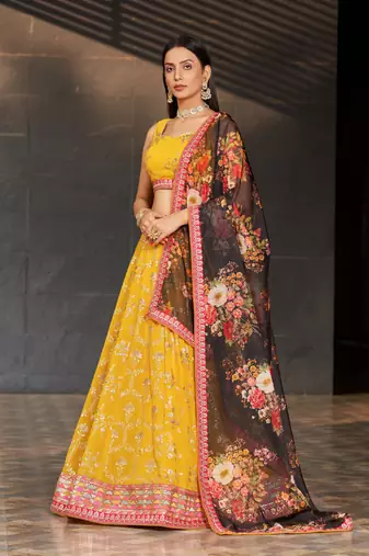 YELLOW BLACK SEQUINS THREAD & ZARI EMBROIDERED GEORGETTE DESIGNER WEDDING & PARTY WEAR FESTIVAL SEMI STITCHED LEHENGA