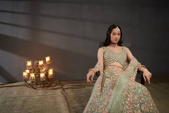 Sea green Net Multi Sequins with heavy Zarkan embroidery Semi-Stitched Lehenga choli & Dupatta 6