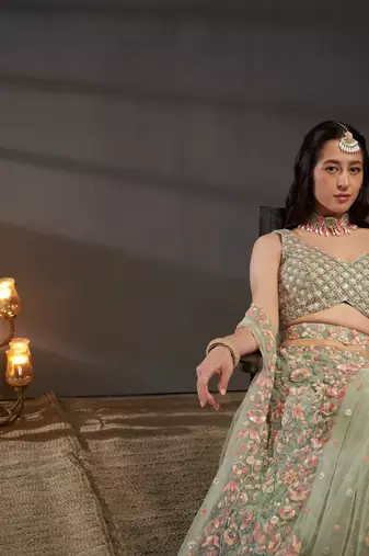 Sea green Net Multi Sequins with heavy Zarkan embroidery Semi-Stitched Lehenga choli & Dupatta