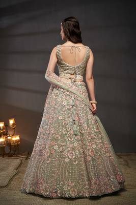 Sea green Net Multi Sequins with heavy Zarkan embroidery Semi-Stitched Lehenga choli & Dupatta 7