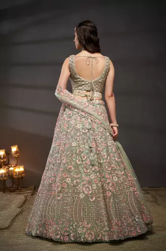 Sea green Net Multi Sequins with heavy Zarkan embroidery Semi-Stitched Lehenga choli & Dupatta