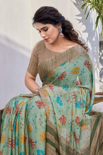 Dusty green chiffon floral print/stripes printed saree with unstitched blouse piece