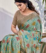 Dusty green chiffon floral print/stripes printed saree with unstitched blouse piece
