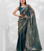 Women green plain organza saree with blouse