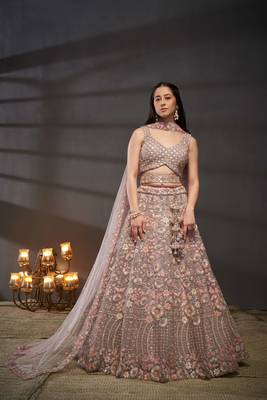 Mauve Net Multi Sequins with heavy Zarkan embroidery Semi-Stitched Lehenga choli & Dupatta 1
